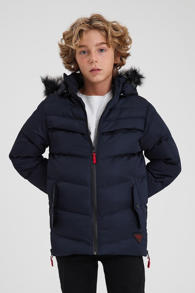 Navy Blue Detachable Hooded Furry Thick Puffer Boy Coat & Jacket