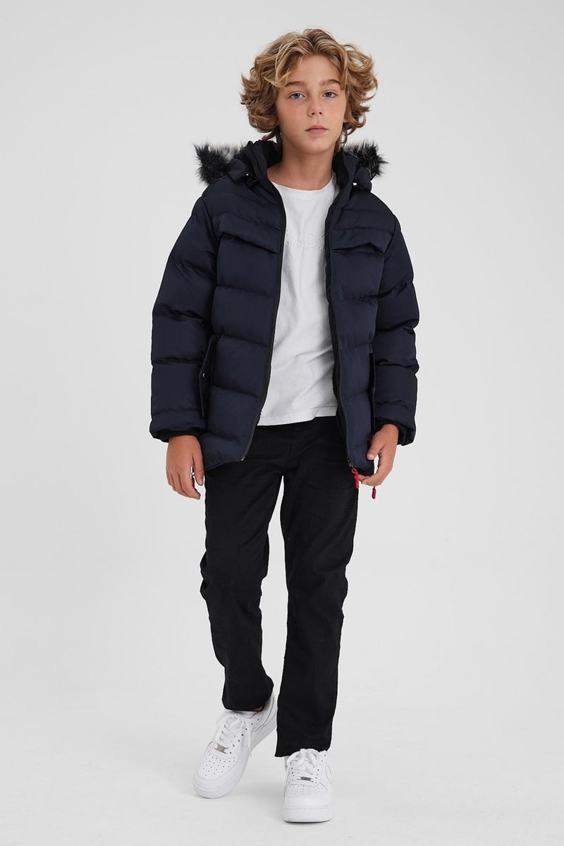 Navy Blue Detachable Hooded Furry Thick Puffer Boy Coat & Jacket