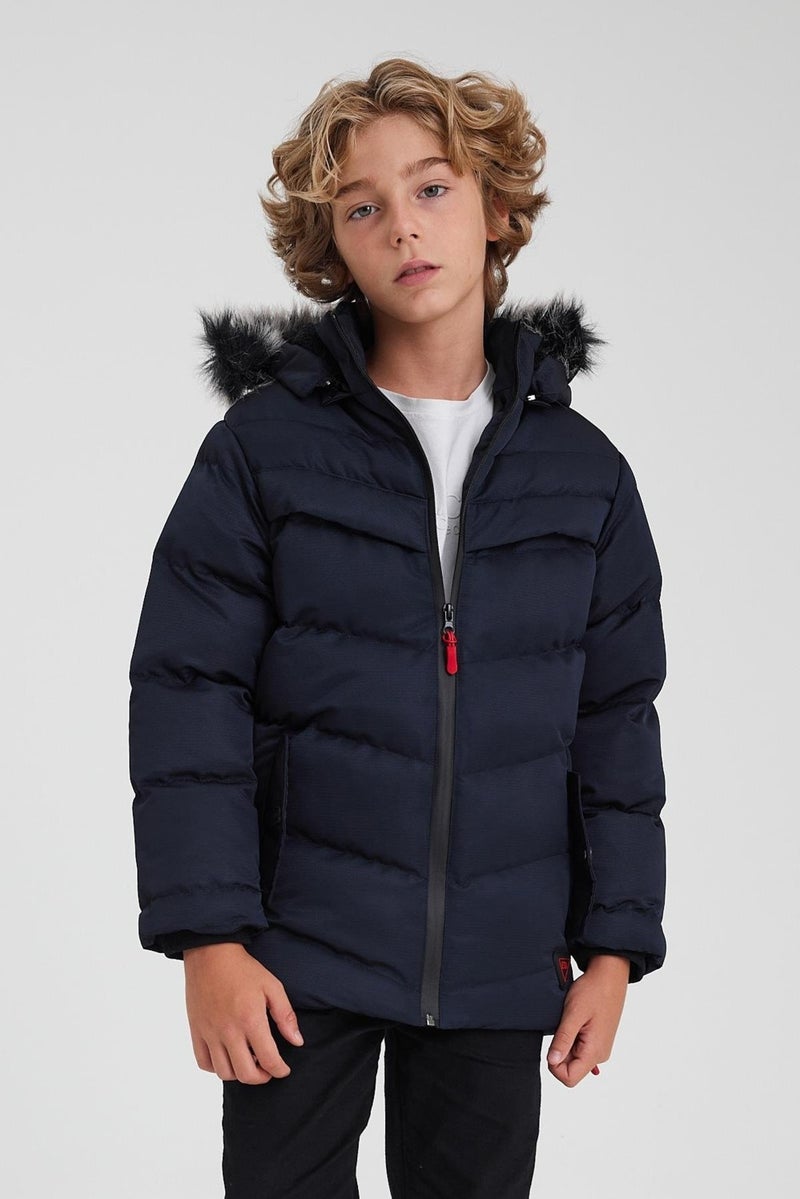 Navy Blue Detachable Hooded Furry Thick Puffer Boy Coat & Jacket