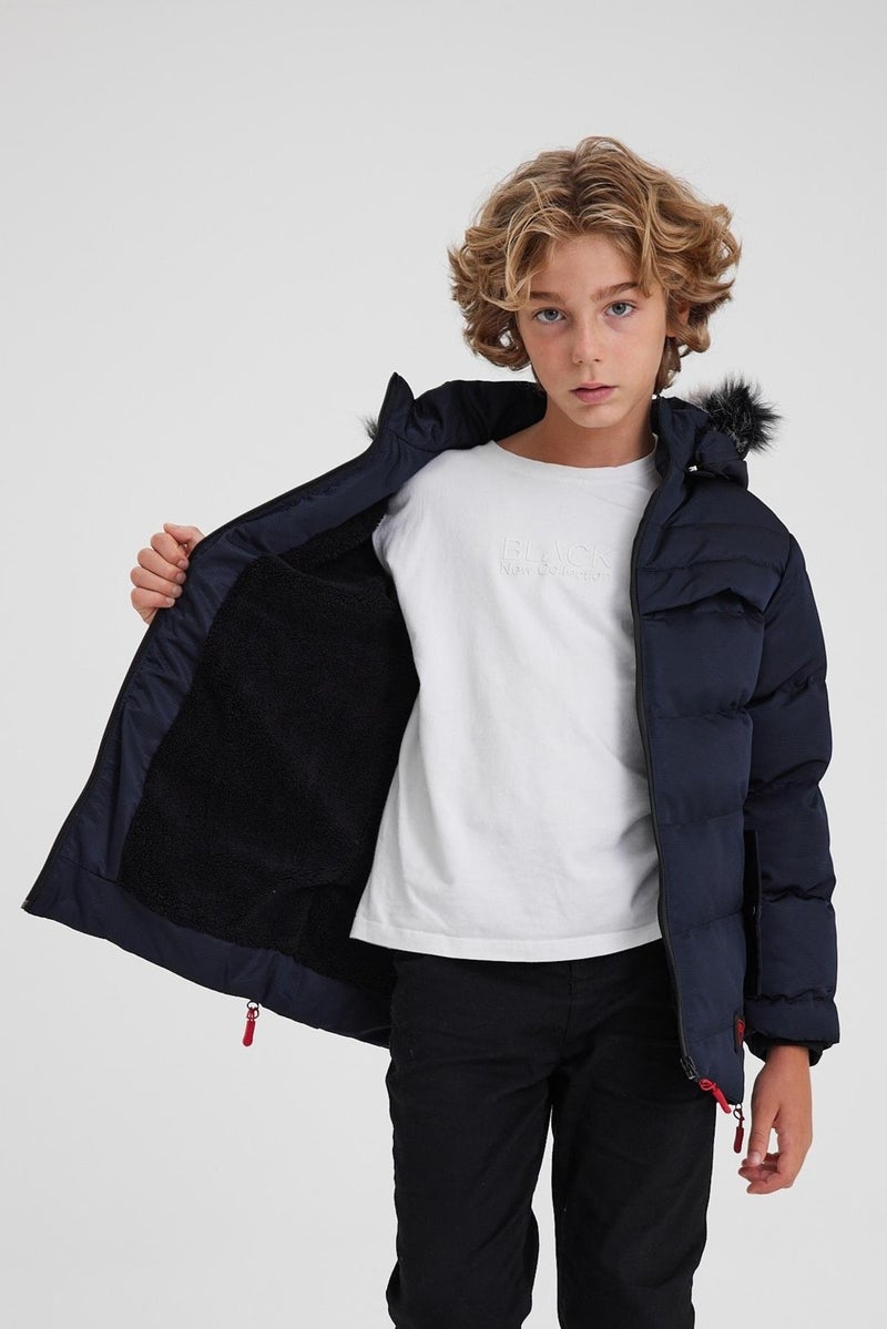 Navy Blue Detachable Hooded Furry Thick Puffer Boy Coat & Jacket