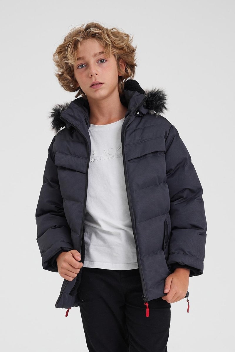 Gray Removable Hooded Furry Thick Puffer Boy's Coat & Jacket