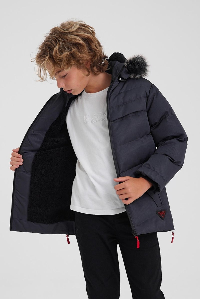 Gray Removable Hooded Furry Thick Puffer Boy's Coat & Jacket