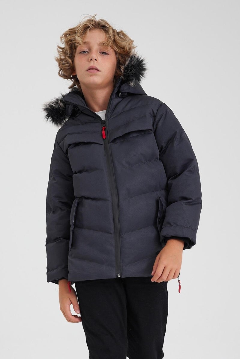 Gray Removable Hooded Furry Thick Puffer Boy's Coat & Jacket