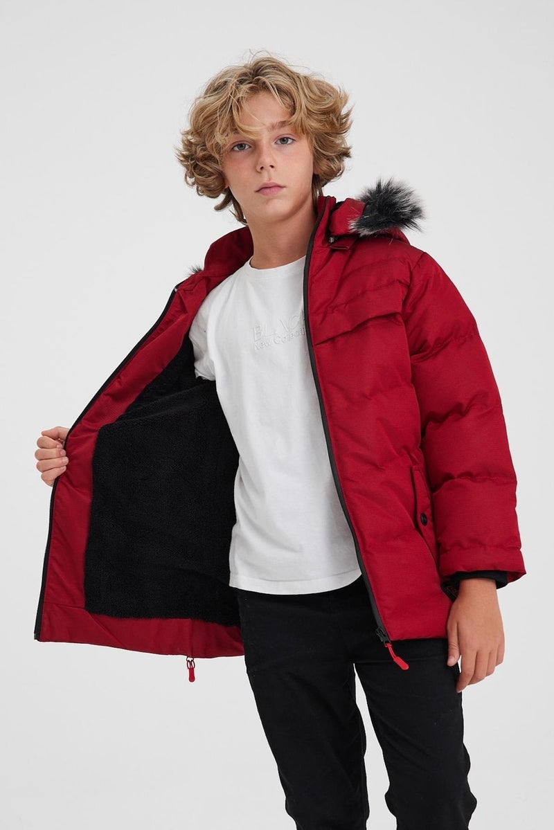 Red Removable Hooded Furry Thick Puffer Boy Coat & Jacket