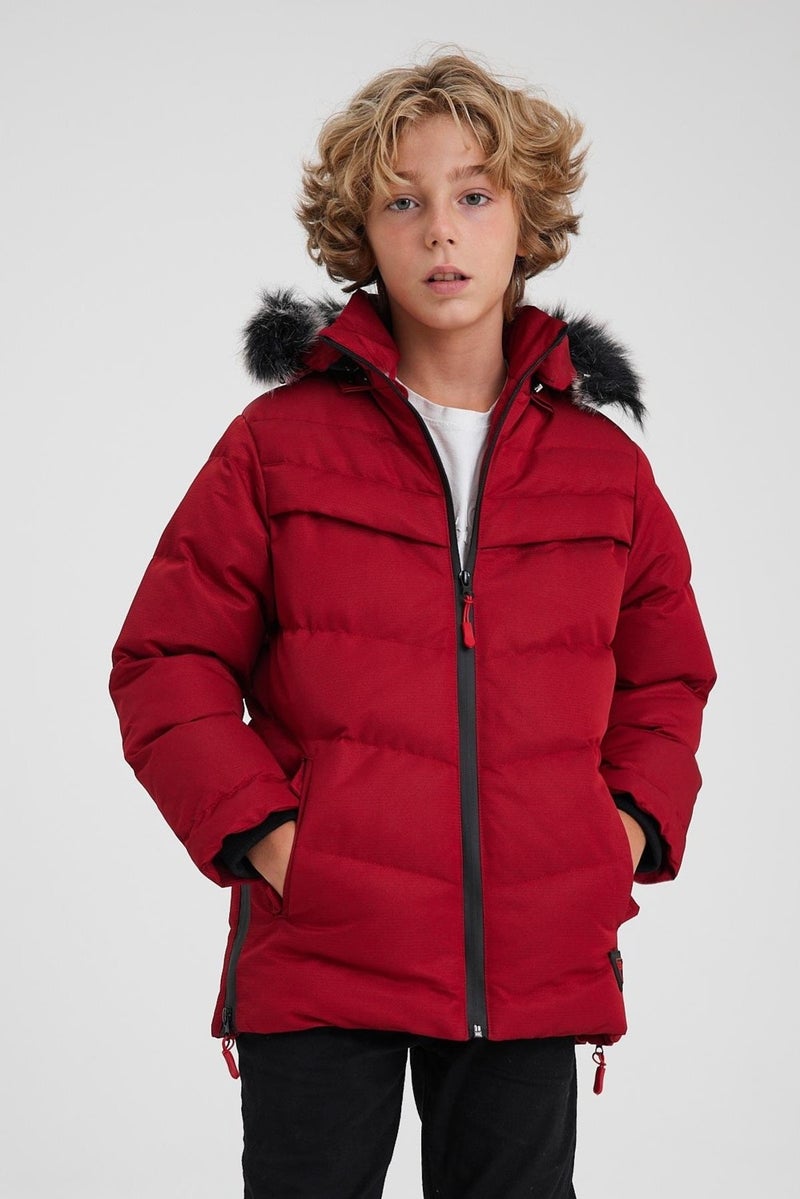 Red Removable Hooded Furry Thick Puffer Boy Coat & Jacket