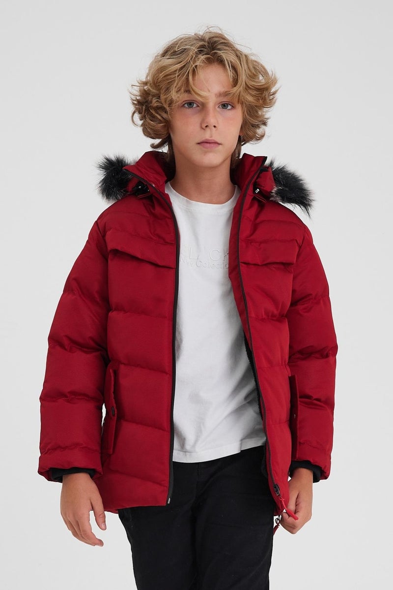 Red Removable Hooded Furry Thick Puffer Boy Coat & Jacket