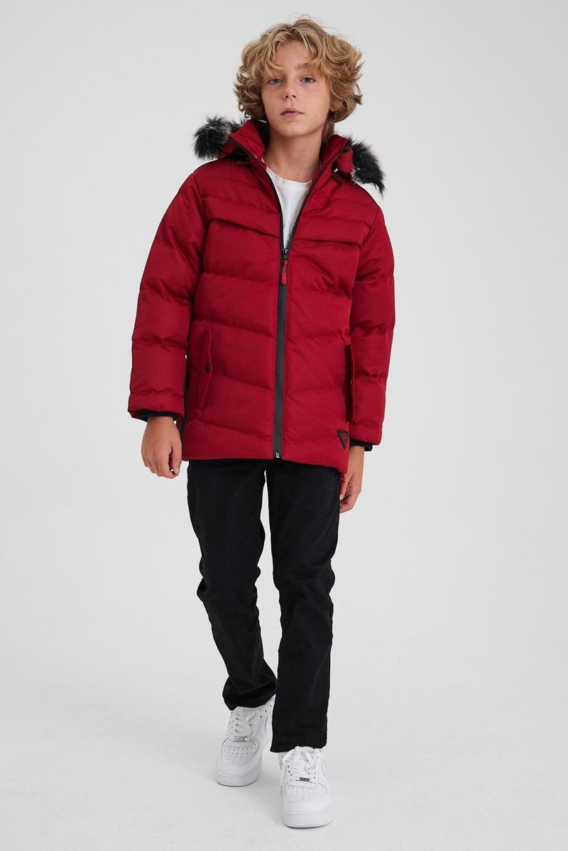 Red Removable Hooded Furry Thick Puffer Boy Coat & Jacket