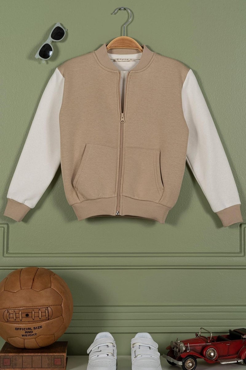 Zippered Garnished Kangaroo Pocket Stone Boy Jacket