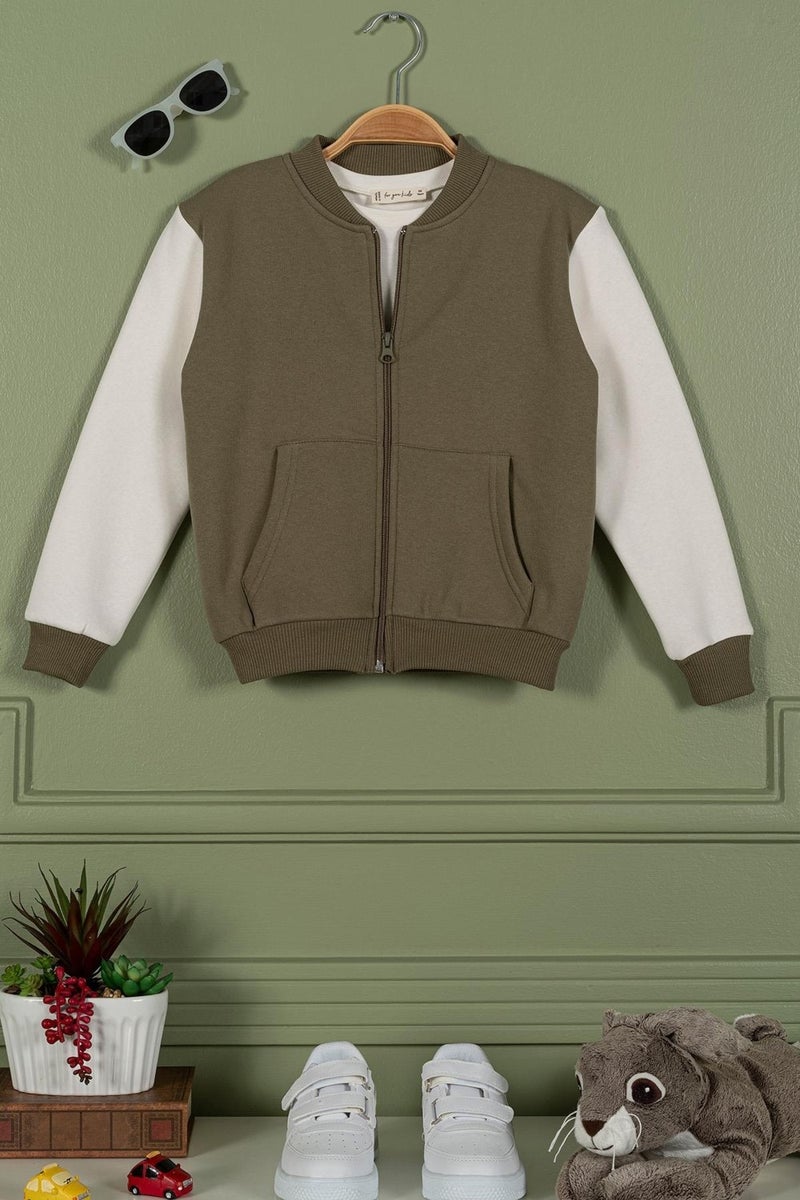 Zippered Garnished Kangaroo Pocket Green Boy Jacket