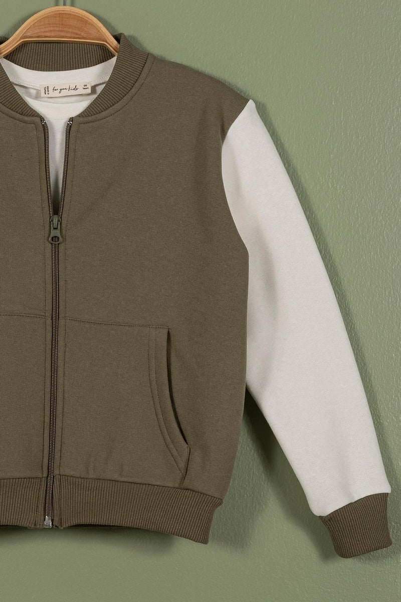 Zippered Garnished Kangaroo Pocket Green Boy Jacket