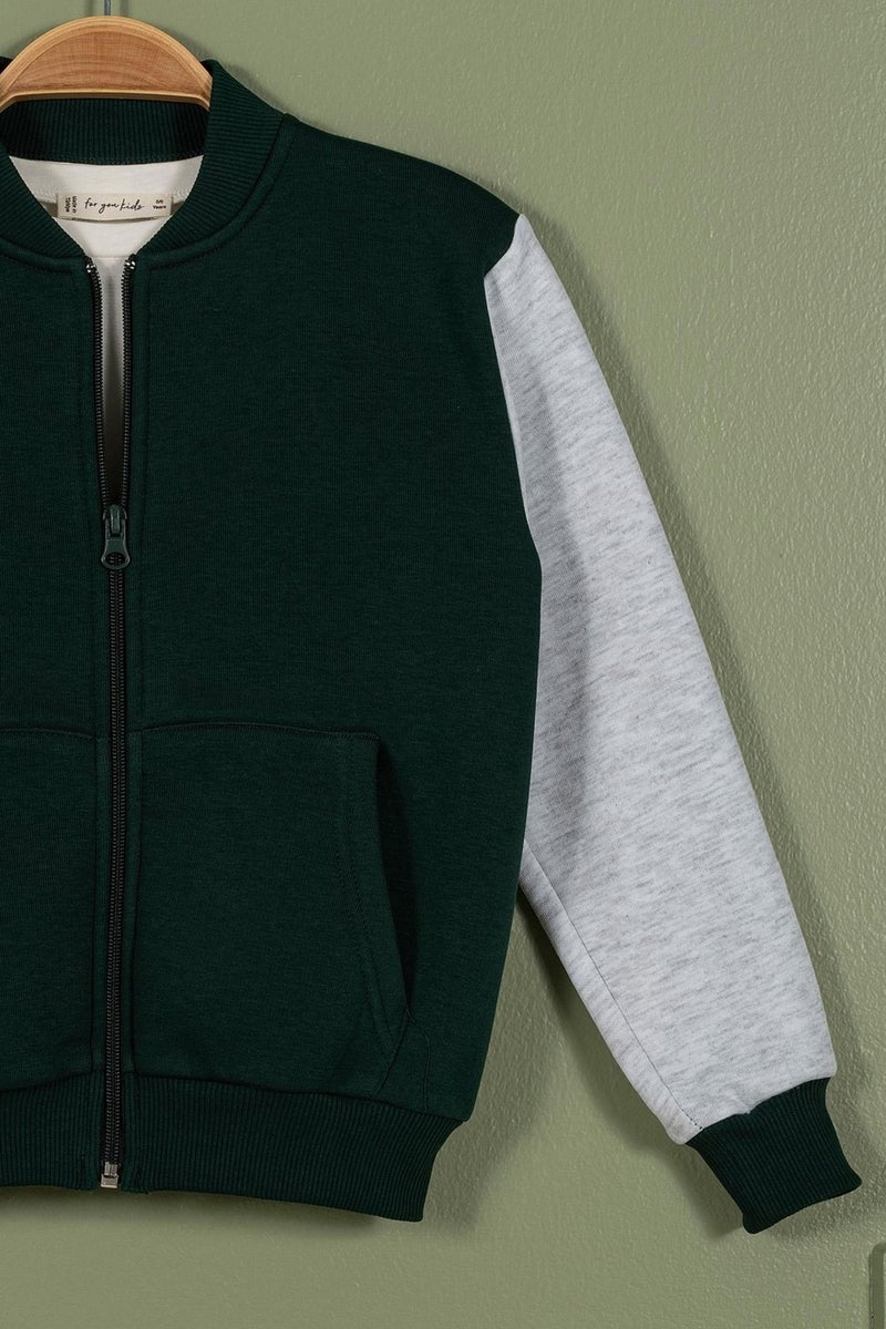 Zippered Garnished Kangaroo Pocket Dark Green Boy's Jacket