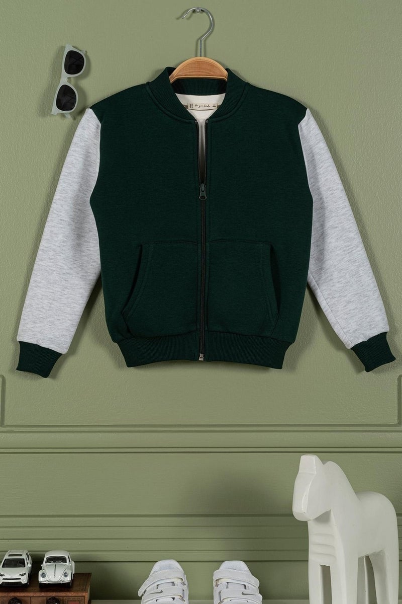 Zippered Garnished Kangaroo Pocket Dark Green Boy's Jacket