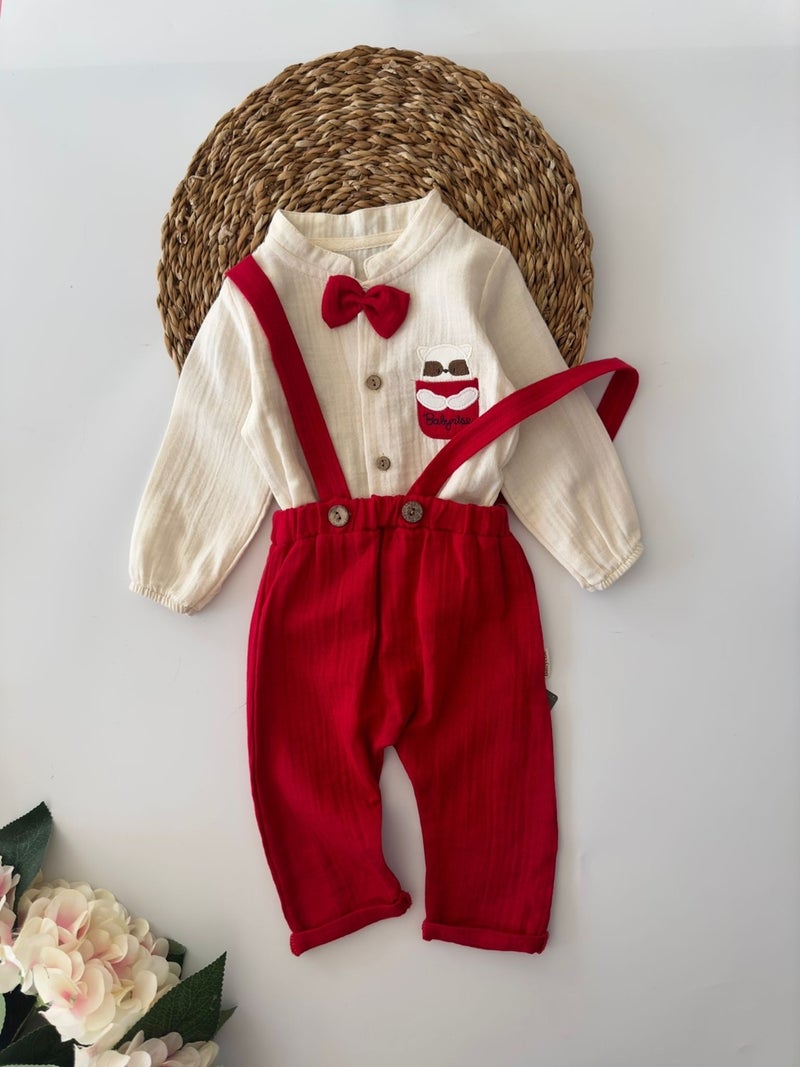 My Little Ones Bow Tie Muslin Baby Boy Romper Set - Red