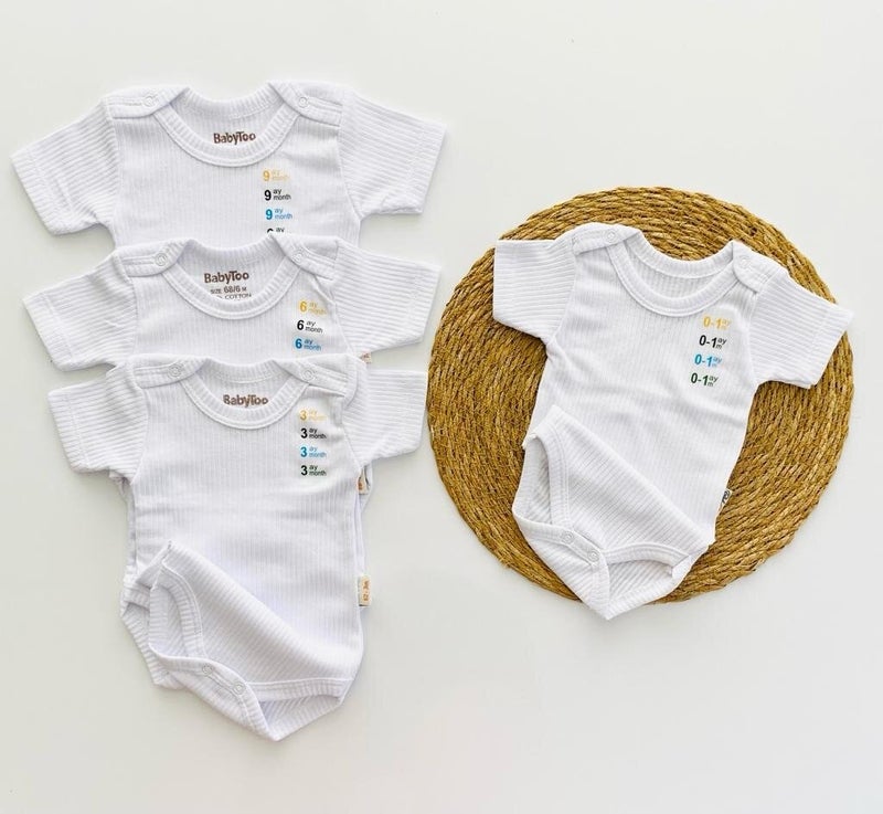 White Short Sleeve Baby Bodysuit with Snap Fastener Undershirt Ribbed Soft Texture Organic Set of 4