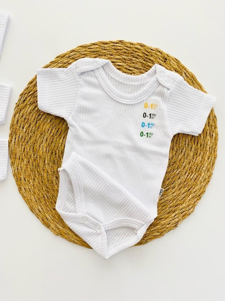 White Short Sleeve Baby Bodysuit with Snap Fastener Undershirt Ribbed Soft Texture Organic Set of 4