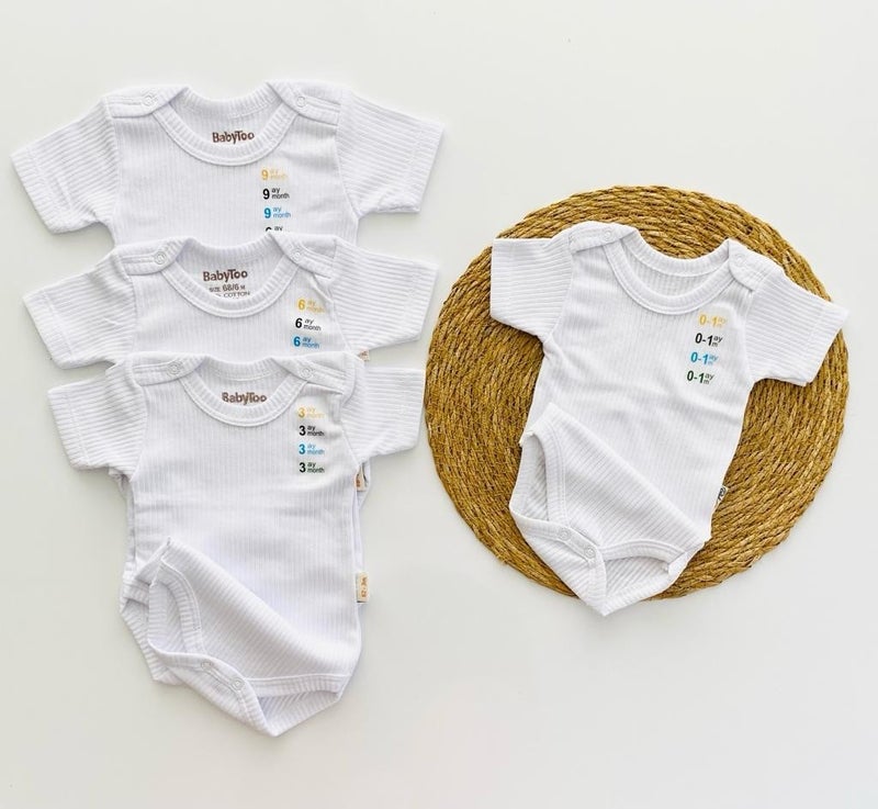 White Short Sleeve Baby Bodysuit with Snap Fastener Undershirt Ribbed Soft Texture Organic Set of 4