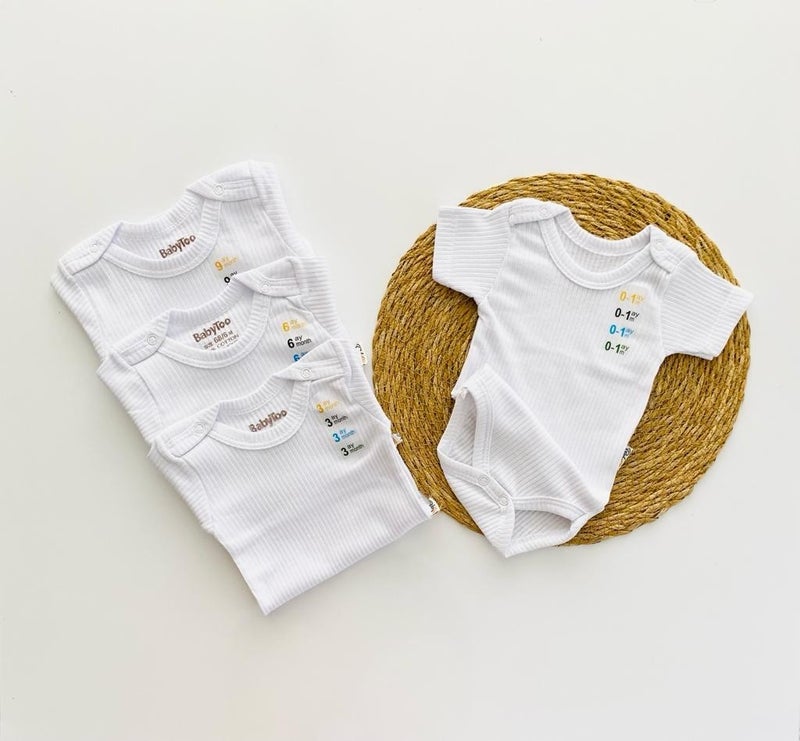 White Short Sleeve Baby Bodysuit with Snap Fastener Undershirt Ribbed Soft Texture Organic Set of 4