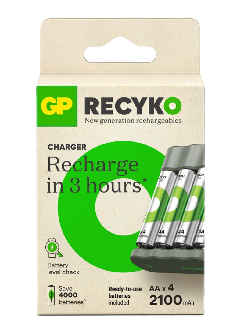 RECYKO USB Charger Model GP B441 Including 4 x Recyko AA 2100 mAh Battery and USB Docking Station,4 Ready to use batteries included