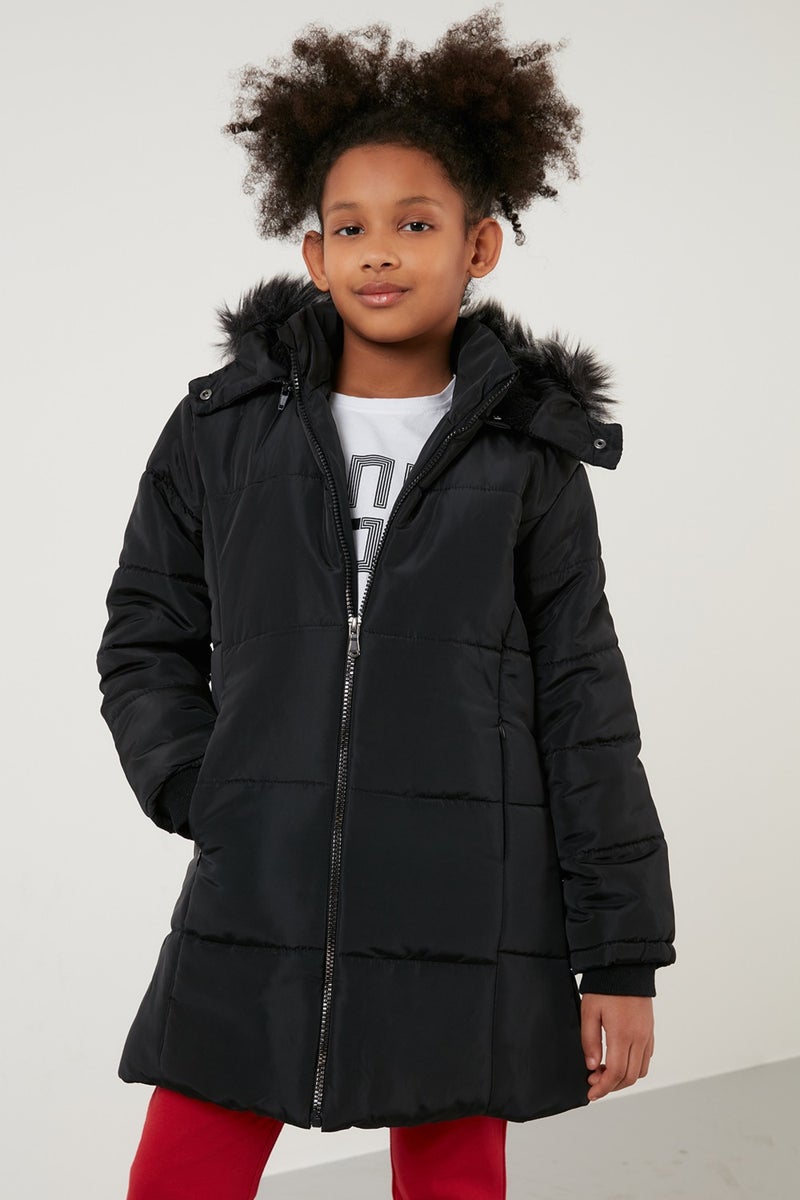 Girl's Coat with Faux Fur Collar and Plush Lining and Removable Hood 5760043