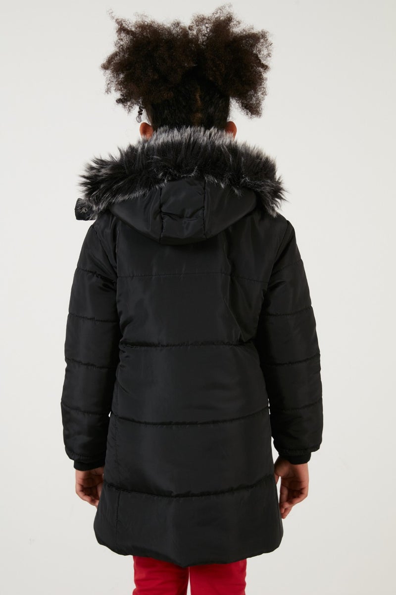 Girl's Coat with Faux Fur Collar and Plush Lining and Removable Hood 5760043