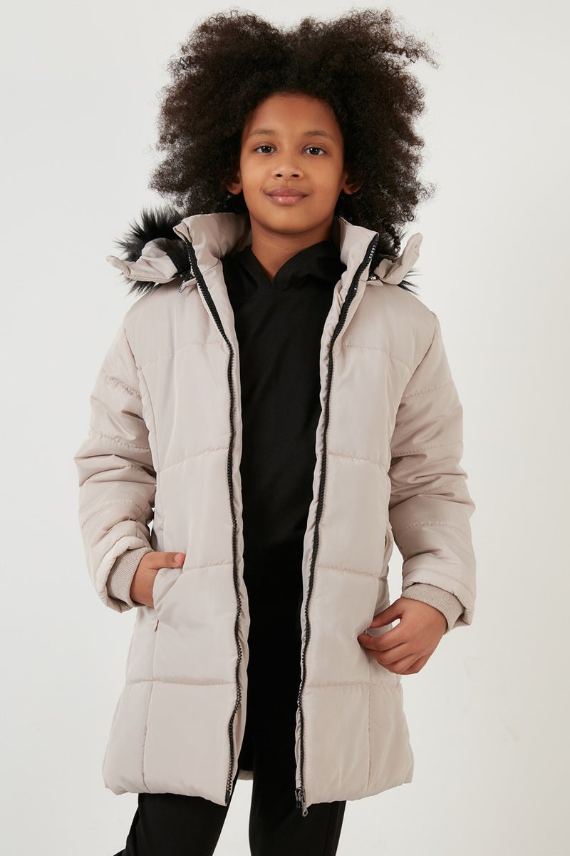 Girl's Coat with Faux Fur Collar and Plush Lining and Removable Hood 5760043