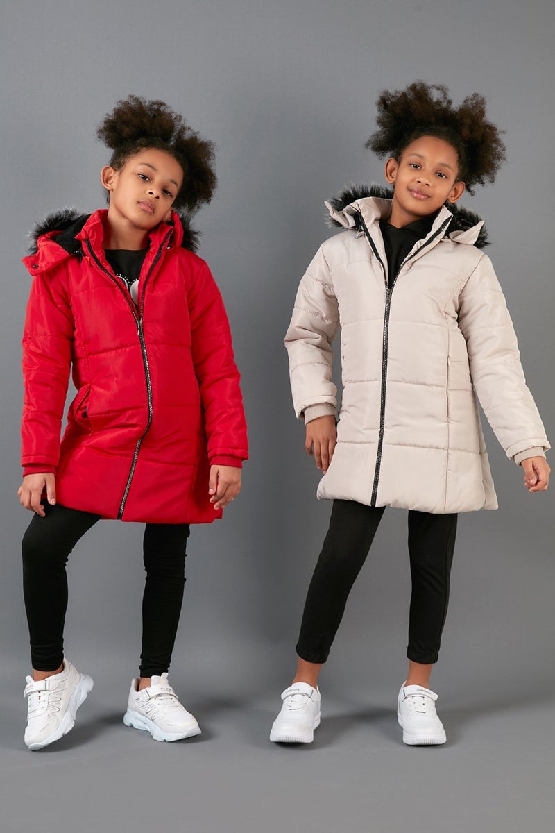 Girl's Coat with Faux Fur Collar and Plush Lining and Removable Hood 5760043