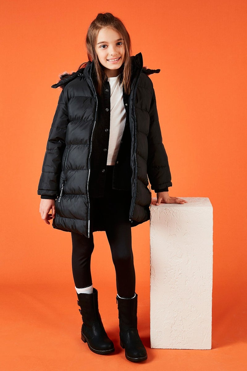 Fur Collar Plush Lined Removable Hooded Winter Coat Girls' Coat 57690200