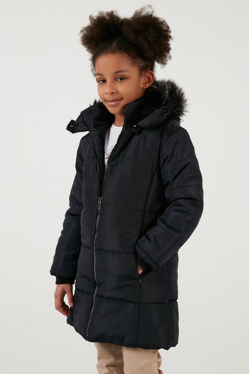 Girl's Coat with Faux Fur Collar and Plush Lining and Removable Hood 5760043