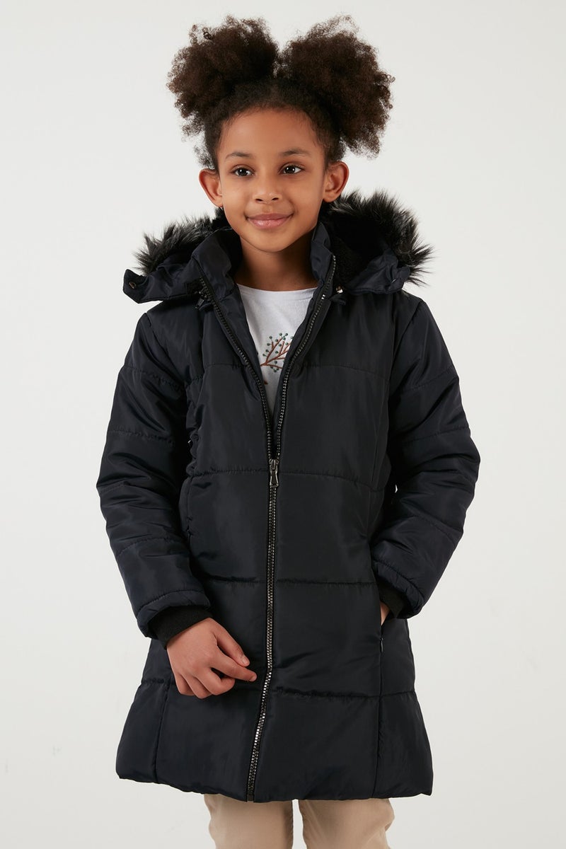 Girl's Coat with Faux Fur Collar and Plush Lining and Removable Hood 5760043