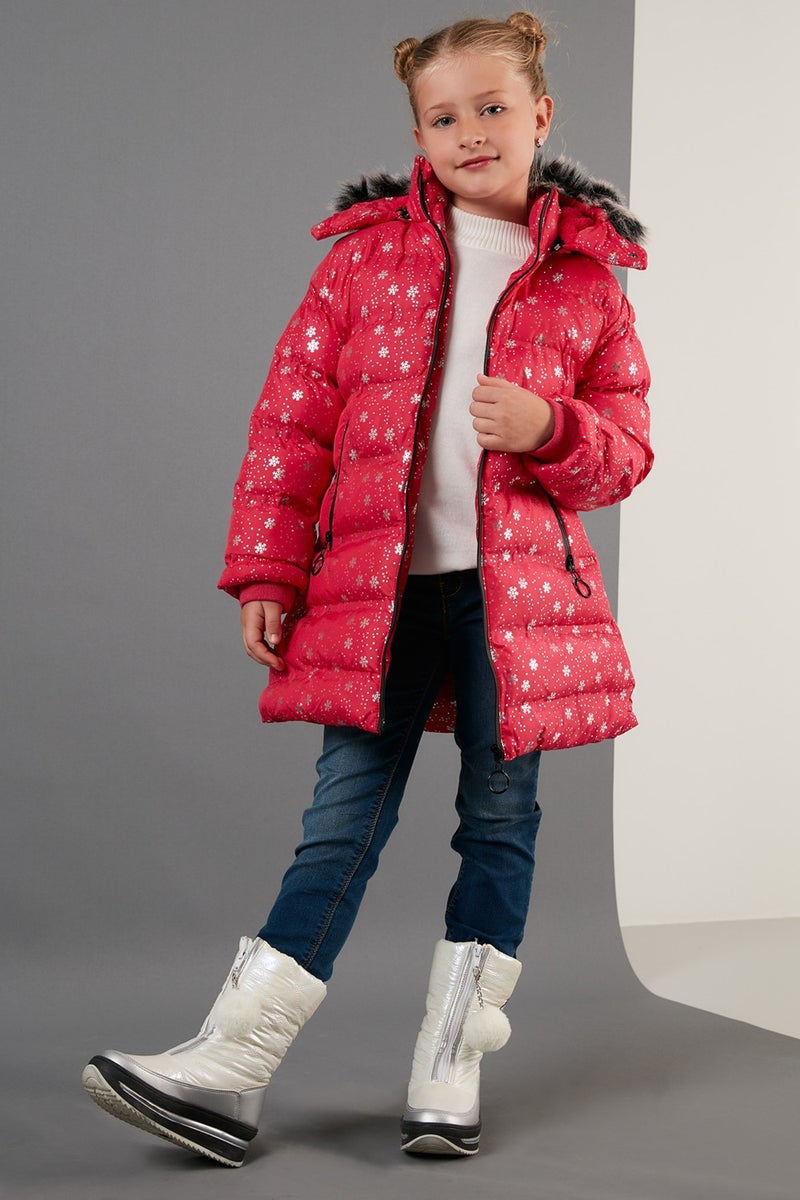 Faux Fur Collar Removable Hooded Plush Lined Winter Long Coat Girl's Coat 5760051