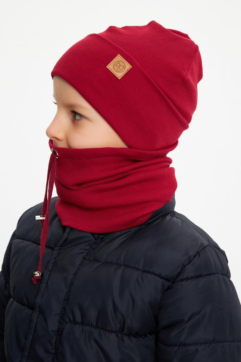 Claret Red Boy's Hat Beanie Neck Collar Set Cotton Camisole