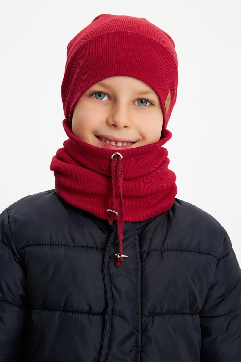 Claret Red Boy's Hat Beanie Neck Collar Set Cotton Camisole