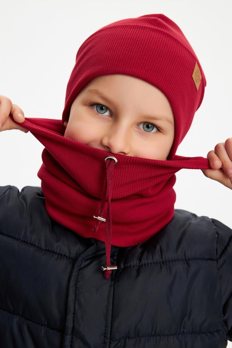 Claret Red Boy's Hat Beanie Neck Collar Set Cotton Camisole