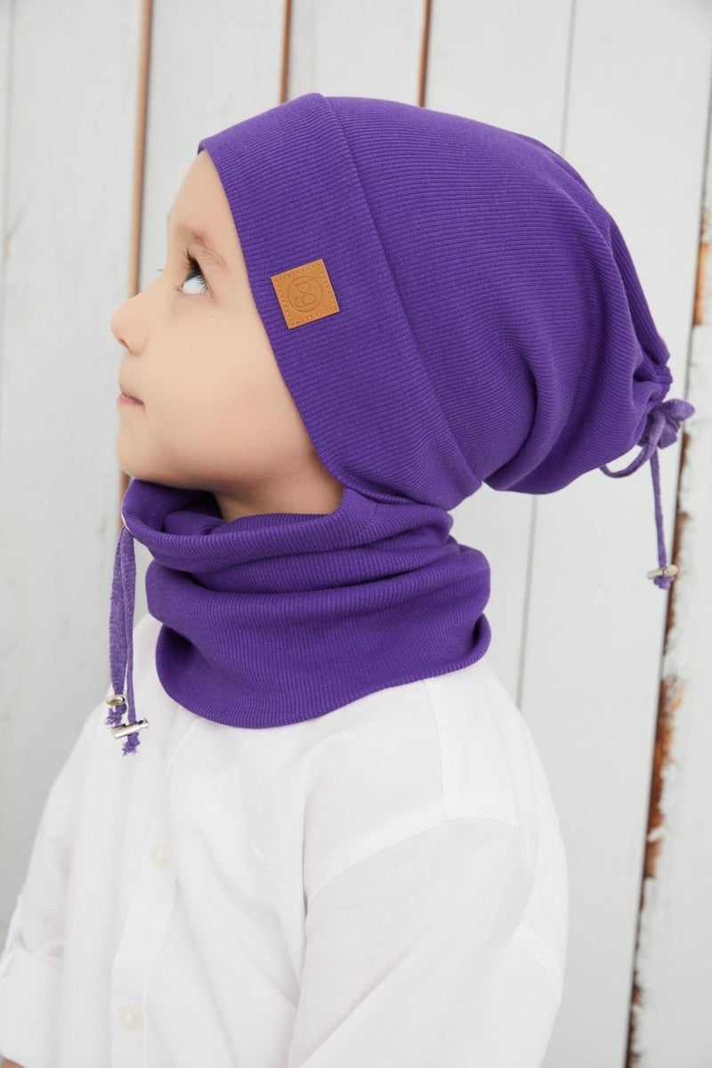 Purple Boy's Brown Rope Hat Beanie Neck Collar Set Cotton Camisole