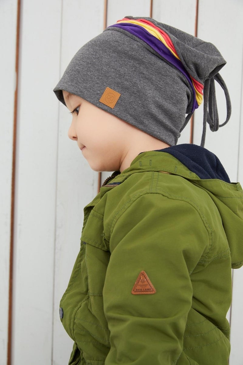 Smoked Gray Kids Baby Beanie Neck Collar Set with Colorful Stripes Soft Double Layered 100% Natural Cotton Combed Cotton