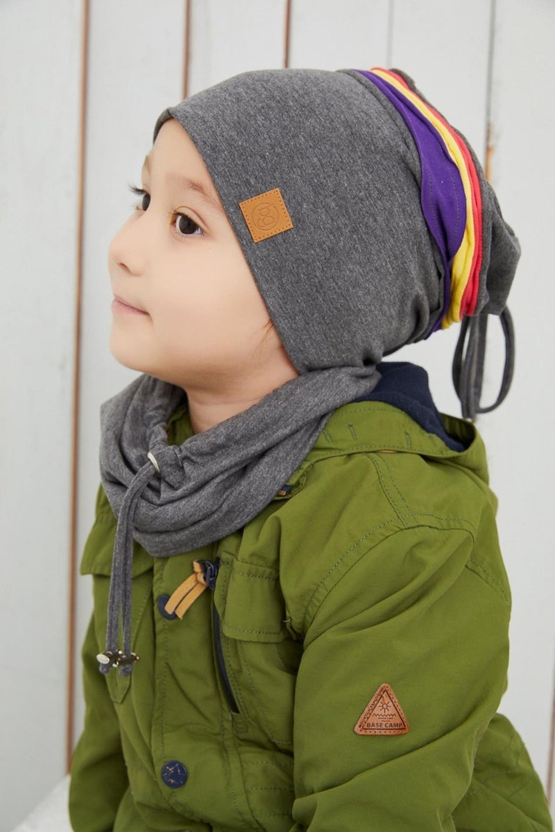 Smoked Gray Kids Baby Beanie Neck Collar Set with Colorful Stripes Soft Double Layered 100% Natural Cotton Combed Cotton