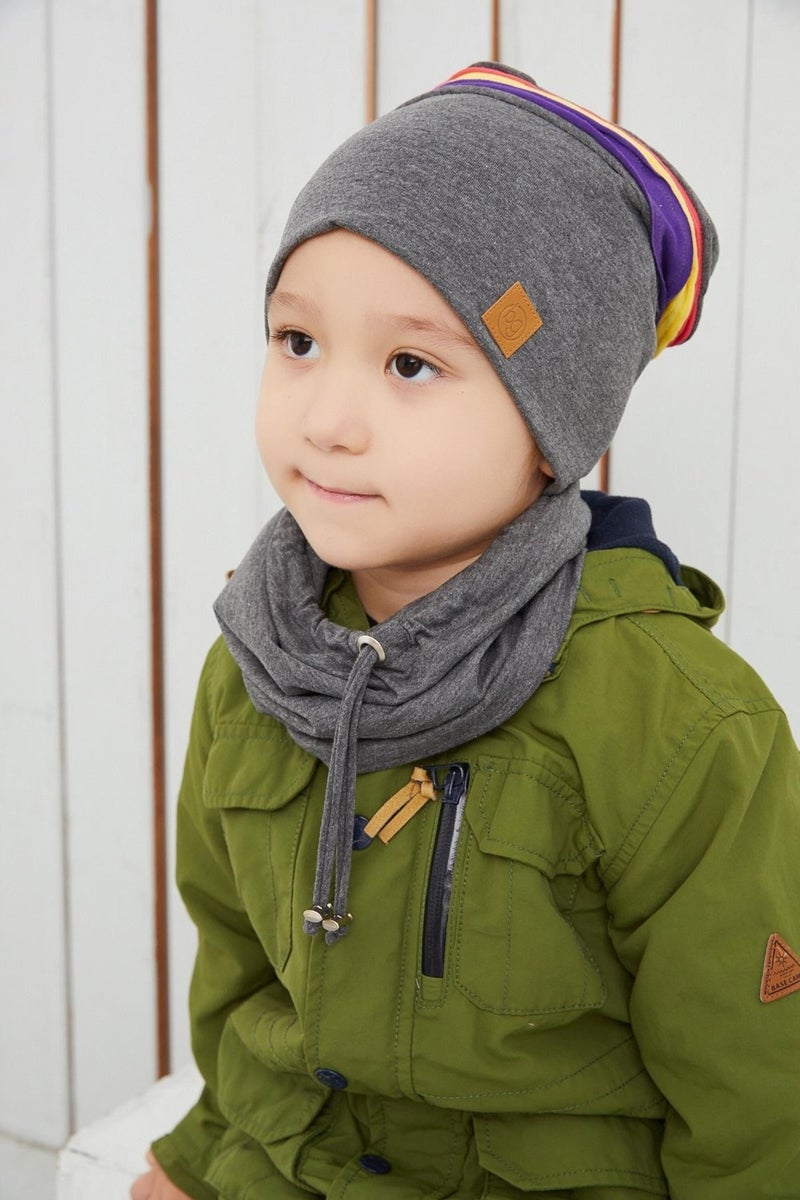 Smoked Gray Kids Baby Beanie Neck Collar Set with Colorful Stripes Soft Double Layered 100% Natural Cotton Combed Cotton