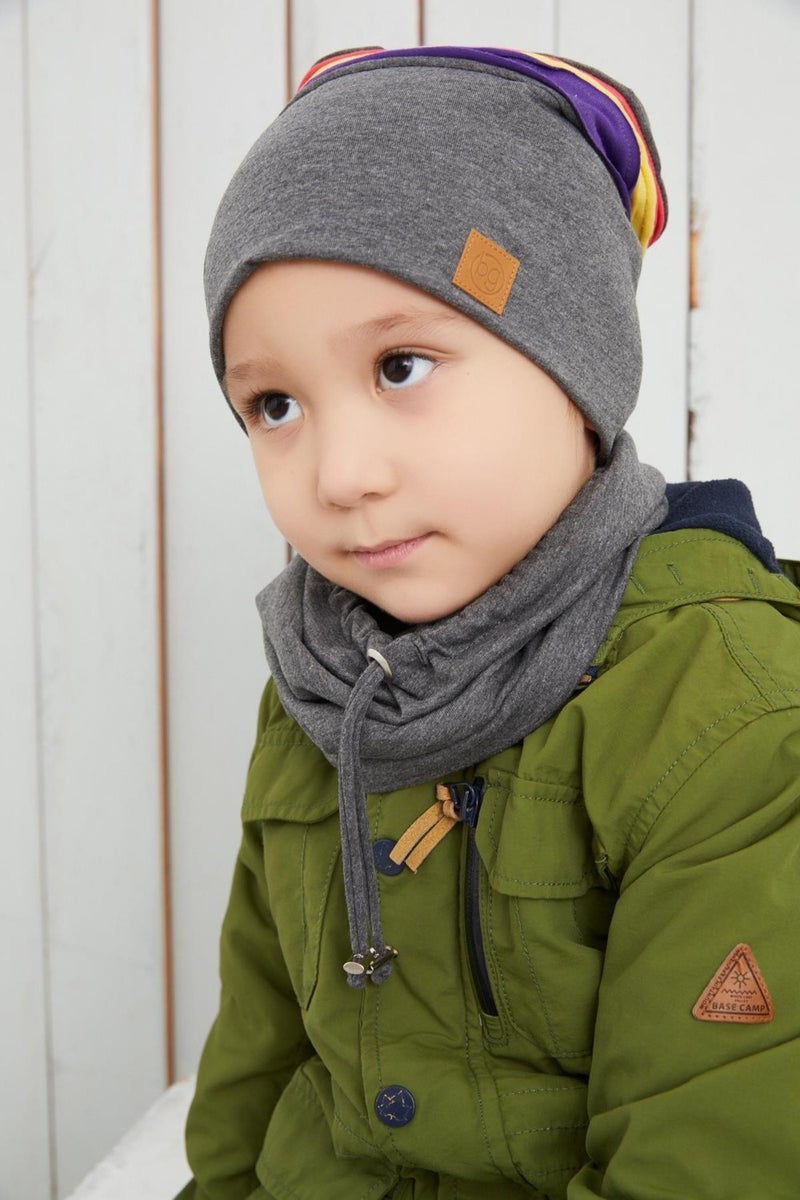 Smoked Gray Kids Baby Beanie Neck Collar Set with Colorful Stripes Soft Double Layered 100% Natural Cotton Combed Cotton