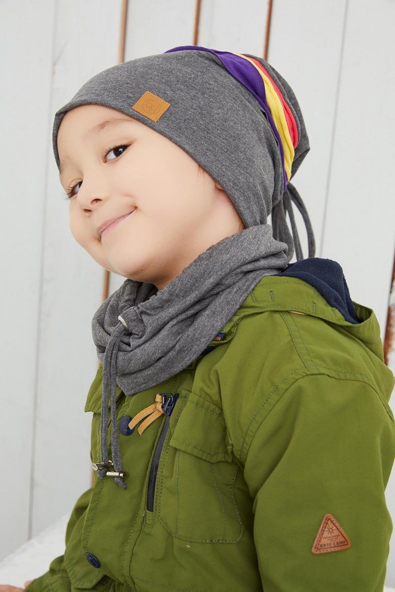 Smoked Gray Kids Baby Beanie Neck Collar Set with Colorful Stripes Soft Double Layered 100% Natural Cotton Combed Cotton