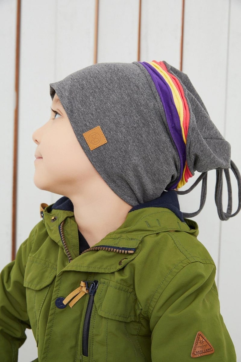 Smoked Gray Children's Baby Hat with Colorful Stripe Beanie Soft Double Layer 100% Natural Cotton Combed Cotton