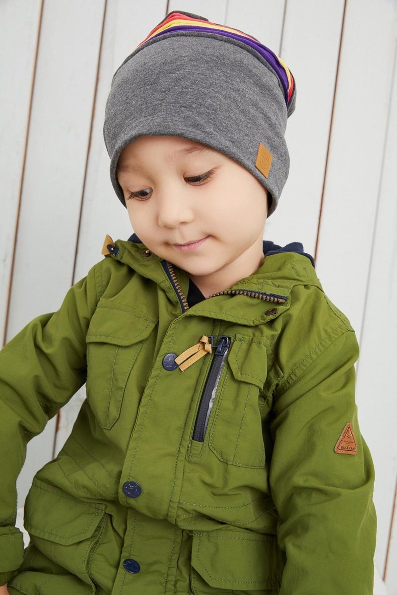 Smoked Gray Children's Baby Hat with Colorful Stripe Beanie Soft Double Layer 100% Natural Cotton Combed Cotton