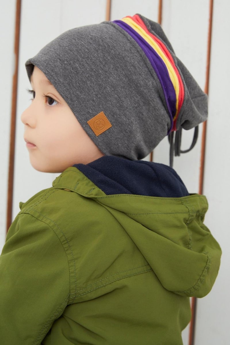 Smoked Gray Children's Baby Hat with Colorful Stripe Beanie Soft Double Layer 100% Natural Cotton Combed Cotton