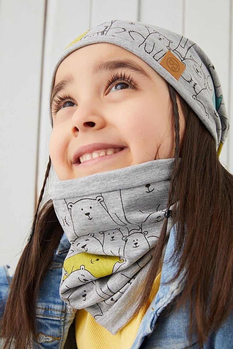 Girl Child Gray Figured Rope Detailed 4 Season Hat Beanie Neck Collar Set Soft Natural Combed Cotton