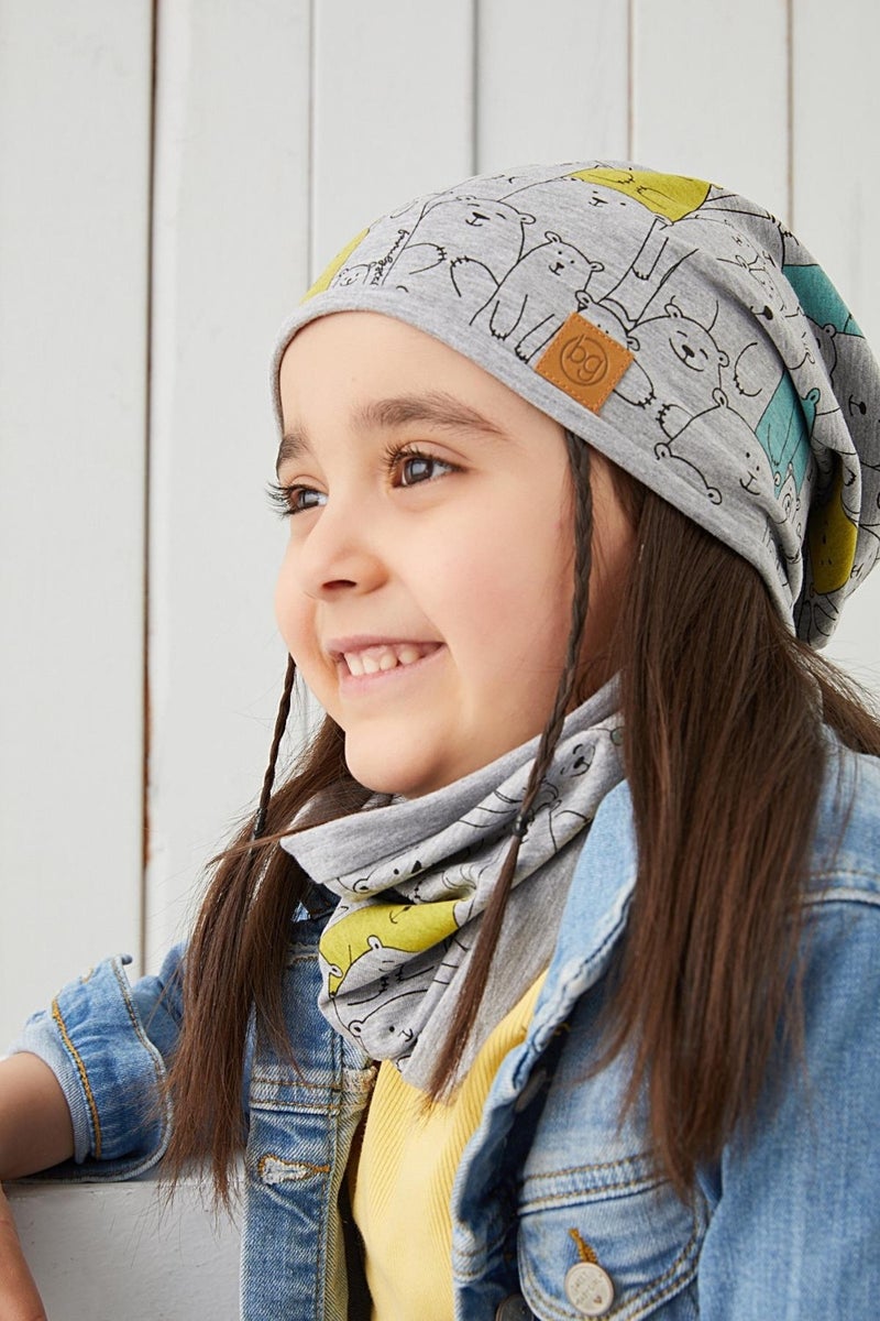 Girl Child Gray Figured Rope Detailed 4 Season Hat Beanie Neck Collar Set Soft Natural Combed Cotton