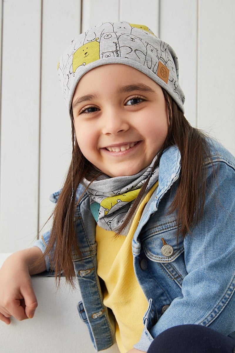 Girl Child Gray Figured Rope Detailed 4 Season Hat Beanie Neck Collar Set Soft Natural Combed Cotton