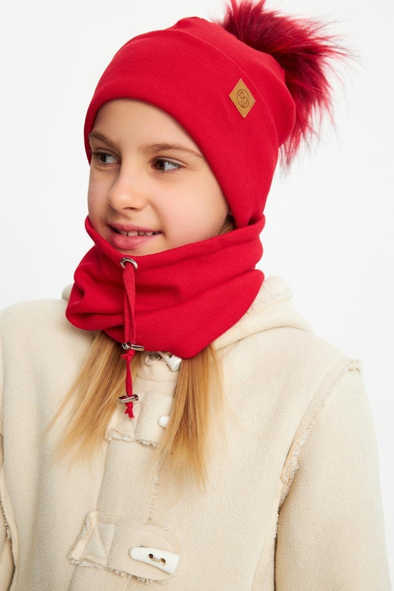 Red Girl's Fur Pompom Hat Beanie Neck Collar Set Cotton Camisole