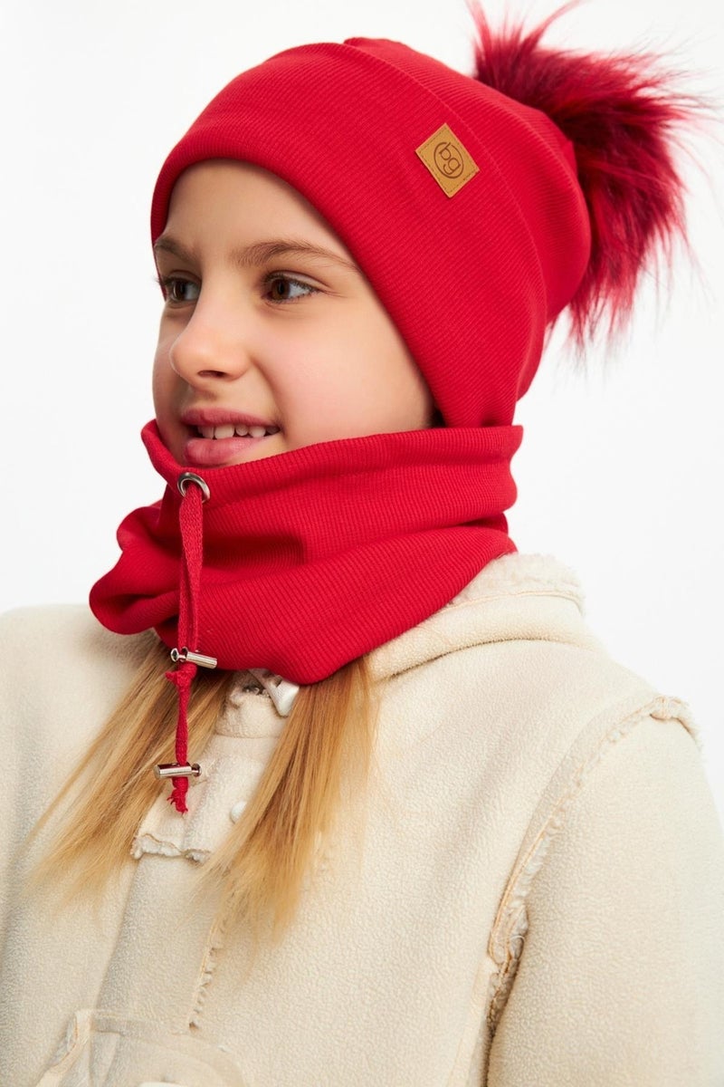 Red Girl's Fur Pompom Hat Beanie Neck Collar Set Cotton Camisole