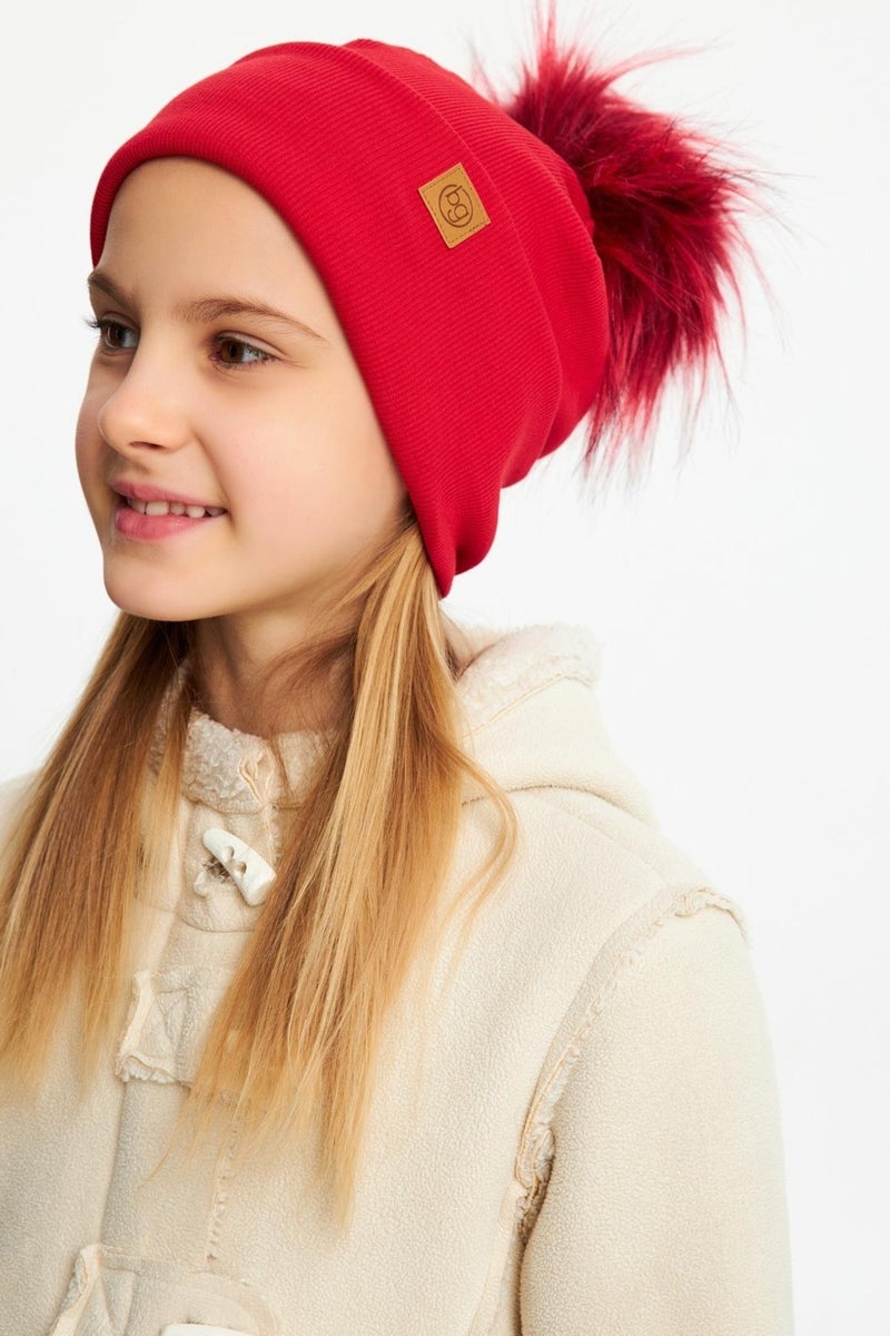 Red Girl's Fur Pompom Hat Beanie Neck Collar Set Cotton Camisole