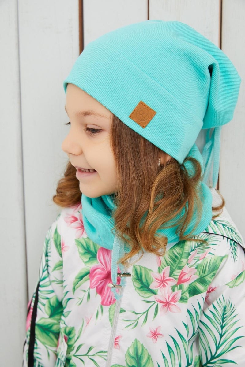 Girl's Ocean Blue String Hat Beanie Neck Collar Set Cotton Camisole