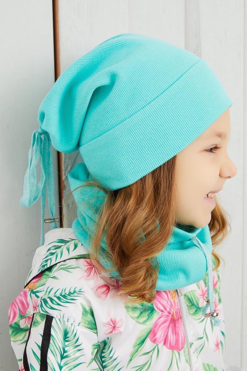 Girl's Ocean Blue String Hat Beanie Neck Collar Set Cotton Camisole